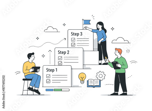 Efficient Onboarding Illustration. Structured onboarding workflow. Team organizing training steps with checklists and progress markers, calm efficiency and