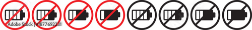 Battery Icon with forbidden sign. No charging symbols. Forbidden energy icons. Power cell restriction graphic design. Battery prohibited signs.  No Charging Icon Silhouette black 
