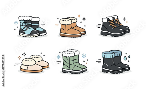 Winter Footwear Icons. Warm winter footwear icons. Editorial-style icon pack with insulated boots, fur-lined shoes and winter-ready footwear, calm and friendly