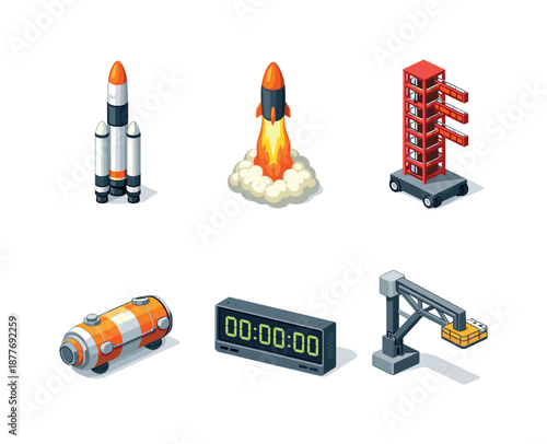 Isometric Space Launch Icons. Space Launch. Isometric flat vector icons set of space launch: vertical rocket, flame exhaust plume, mobile launch tower, fuel