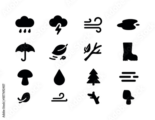 Seasonal Rain Icons. Seasonal rainfall. Solid icon set of Seasonal rainfall: rain cloud, lightning, wind gust, puddle, umbrella, leaf swirl, branch, boot icon,