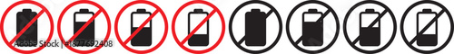 Battery Icon with forbidden sign. No charging symbols. Forbidden energy icons. Power cell restriction graphic design. Battery prohibited signs.  No Charging Icon Silhouette black 