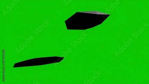 Two dark geometric shapes float on a vibrant green background, creating a minimalist visual experience