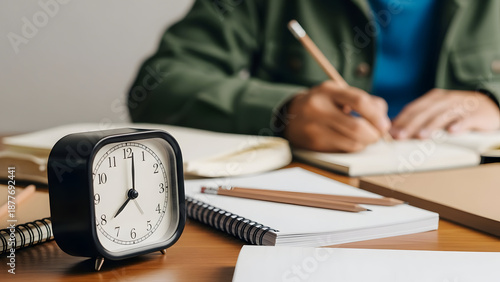 Close up of a focused student studying and writing notes at a desk with an alarm clock showing the time, emphasizing time management for success.