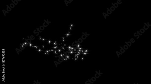Glowing glitter trail animation, fairy dust wand glitter line, cartoon, flat, vector, twinkling magic dust, fairy sparkle stars, shimmer particles motion, star line path on black screen, seamless 4k.