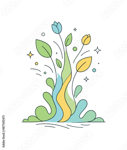 Spring Transformation Illustration. Spring energy rising concept. Upward-flowing organic shapes transforming into leaves and buds. The illustration feels