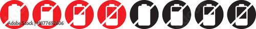 Battery Icon with forbidden sign. No charging symbols. Forbidden energy icons. Power cell restriction graphic design. Battery prohibited signs.  No Charging Icon Silhouette black 