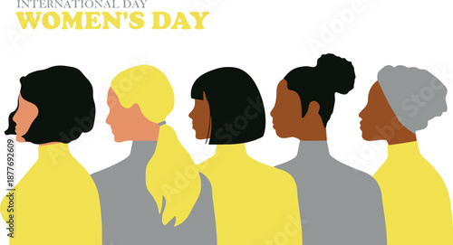 International Women's Day Banner with Diverse Women Profiles and Yellow Color Theme