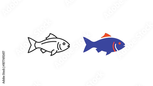 Set of two stylized fish icons one a simple black outline and the other a solid blue shape with bright orange accents illustrating design variations
