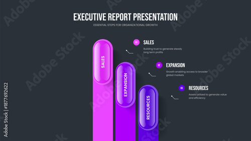 Consulting Portfolio Three Element Infographic Presentation Design. Market Performance 3 Step Diagram Slideshow Layout. Business Insight Slide Template Vector Illustration.