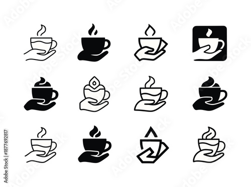 Latte Logo Variations. Latte in hand. Icon set. Set Logo of latte in hand: warm latte cup. harmonious logo variations of the same emblematic concept, each with