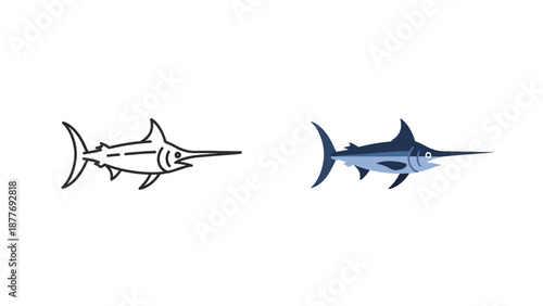Collection of two swordfish icons one featuring a simple outline style and the other showing a flat color illustration of the powerful ocean predator