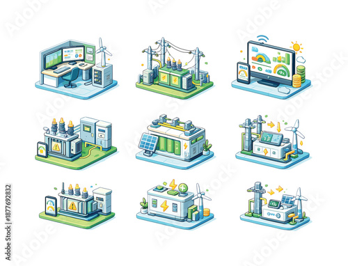 Sustainable Energy Icons. Sustainable energy systems. Isometric flat vector icons set of sustainable energy systems: wind energy control center,