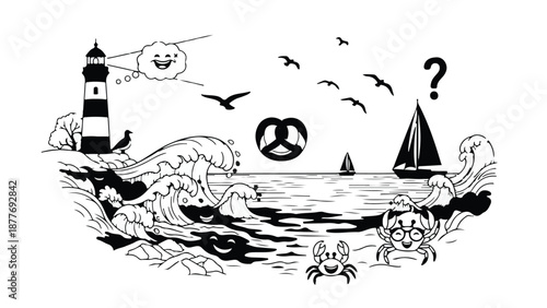 Whimsical seaside scene with a lighthouse, sailboats, curious crabs, and a questioning sky.