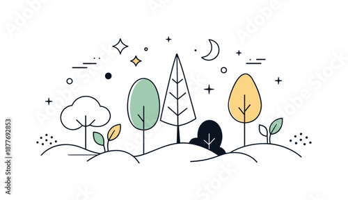 Magical Forest Abstraction. Awakening forest abstraction. Simplified trees and leaves emerging from soft shapes, peaceful and harmonious mood. Abstract stars