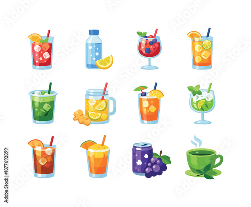 Colorful Non-Alcoholic Drinks. Non-alcoholic Party Drinks. Colorful flat vector icons set of Non-alcoholic Party Drinks: fruit fizz, sparkling water, berry