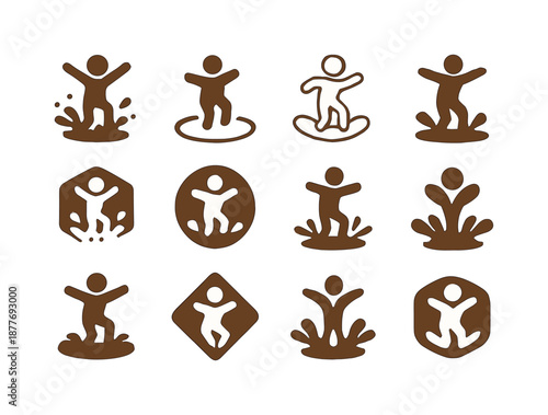 Puddle Splash Logo Grid. Splashing in puddles. Icon set. Set Logo of splashing in puddles: muddy water splash. harmonious logo variations of the same