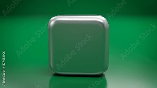 A single, metallic rounded-square object, centrally positioned, reflects light subtly. The object is slightly raised, casting a gentle shadow. The backdrop consists of green tones