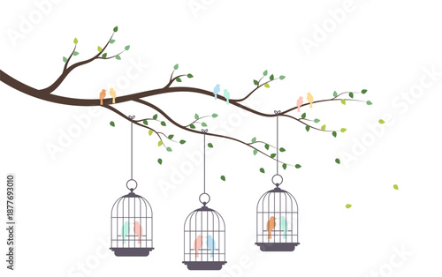 Bird in cages on tree branch