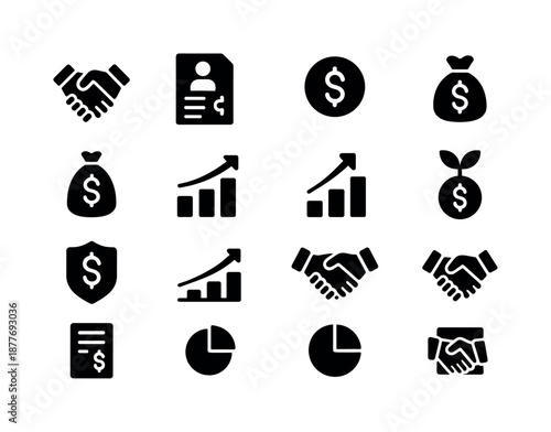 Startup Funding Icons. Startup funding. Solid icon set of startup funding: investor handshake, pitch deck page, funding coin, capital bag, valuation chart,