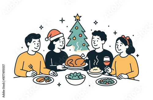 Festive Family Feast. Christmas dinner. People sharing a festive meal at a table with simple holiday food. Calm joyful mood and togetherness with subtle steam