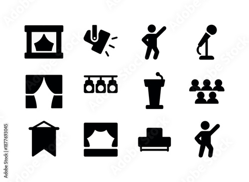 Stage Performance Icons. Stage and performance. Solid icon set of stage and performance: stage icon, spotlight, performer silhouette, microphone stand,