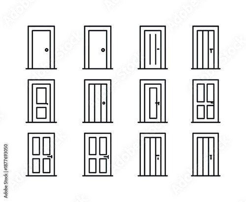 Wooden Door Icons. wooden door. Line icon set of wooden door: minimal door, simple outline, rectangular shape, door panel, small knob, hinge dot, thin frame,
