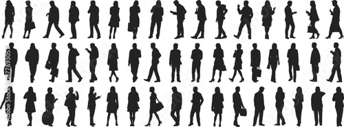 People silhouettes, business figures, casual outline, walking pose, talking group, gesturing shadow, mobile phone, diverse attire, human design, lifestyle icon