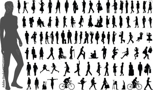 People silhouettes, diverse figures, walking pose, standing outline, sitting shadow, bicycle rider, mobile phone, casual attire, human design, lifestyle icon