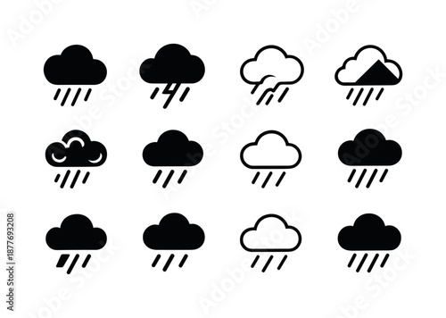 Storm Cloud Logos. stormy clouds. Icon set. Set Logo of stormy clouds: rain cloud symbol. harmonious logo variations of the same emblematic concept, each with