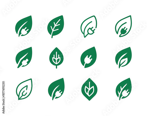 Renewable Energy Icons. Renewable energy credits. Icon set. Set Logo of Renewable energy credits: green energy leaf emblem. harmonious logo variations of the