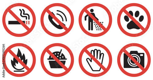 Prohibited vector icons set, featuring no cell phone, no litter, no smoking, no pets, no eating or drinking, do not touch, no fire, no photography.