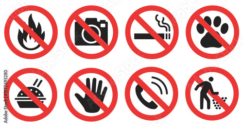 Prohibited icons set vector, featuring no cell phone, no litter, no smoking, no pets, no eating or drinking, do not touch, no fire, no photography.