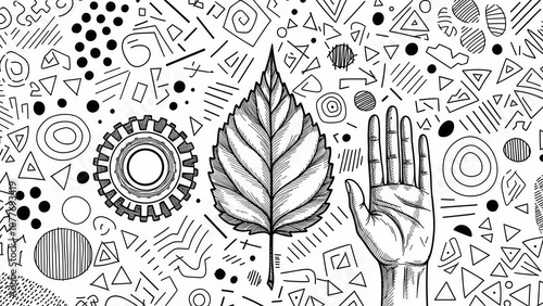 Wallpaper Mural Abstract Hand-Drawn Doodle Art Background with Nature Leaf, Human Hand, and Geometric Shapes – Creative BW Pattern Torontodigital.ca