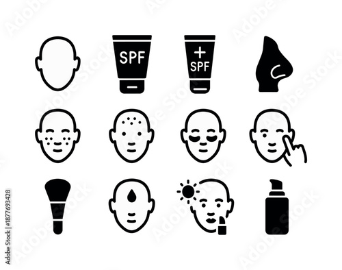 Face Sun Care Icons. Face sun care. Solid icon set of face sun care: face outline, SPF cream, tinted sunscreen, nose protection, cheeks icon,
