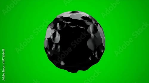 A 3D rendered sphere with a rough, textured surface against a bright green backdrop. The sphere has a dark, reflective quality