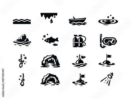 Flooded Cavern Icons. Flooded caverns. Solid icon set of Flooded caverns: water line, drip icon, boat silhouette, ripple waves, submerged rock, fish, oxygen