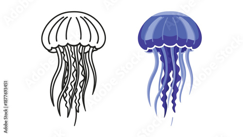 Creative juxtaposition of two distinct blue jellyfish designs featuring one outline drawing and one fully colored illustration side by side