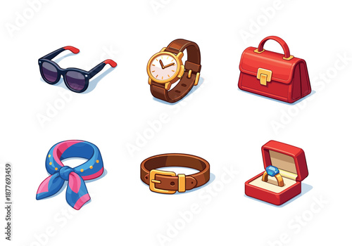 Fashion Accessories Grid. Fashion Accessories. Isometric flat vector icons set of Fashion Accessories: sunglasses, wristwatch, leather handbag, silk scarf,