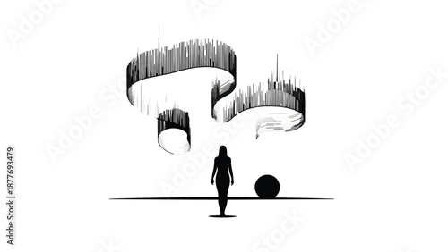 A lone figure contemplates abstract light installations resembling celestial phenomena.