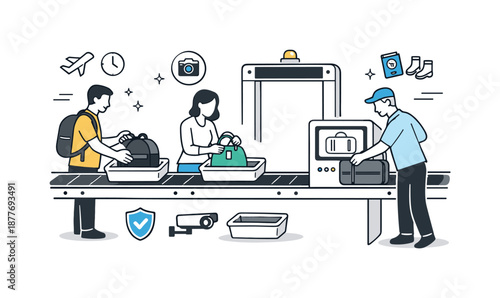 Airport Security Scene. Airport travelers security check. Passengers placing bags on a conveyor belt with clear gestures and simple icons. Order, safety, and