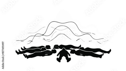 Diverse group of people lying in a circle with one person in the center, representing unity and connection.