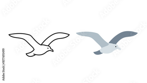 Simple line art and flat color icon set illustrating a graceful seagull bird in flight side view demonstrating design variations for graphic projects