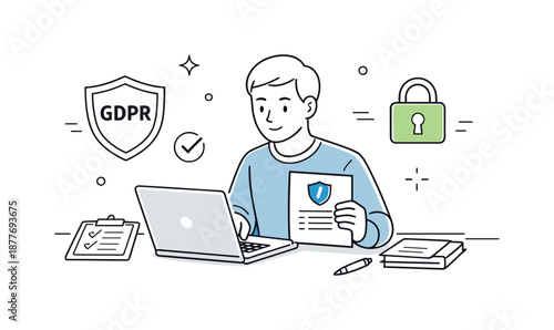 Data Privacy Review. GDPR and data privacy management. A specialist reviewing data protection documents on a laptop. Sense of responsibility and trust, simple