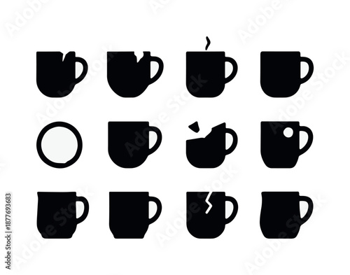 Chipped Mug Icons. Chipped Mug. Solid icon set of chipped mug: cracked mug rim, broken ceramic chip, handle fracture, coffee stain ring, steam wisp, mug