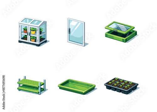 Compact Greenhouse Icons. Compact greenhouse. Isometric flat vector icons set of Compact greenhouse: mini greenhouse cabinet, transparent door panel,