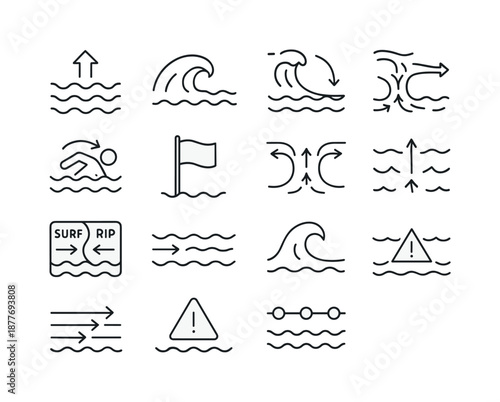 Riptide Icon Set. Riptides. Line icon set of riptides: rip current arrow, breaking wave, shoreline pull, swimmer in current symbol, warning flag, ocean flow