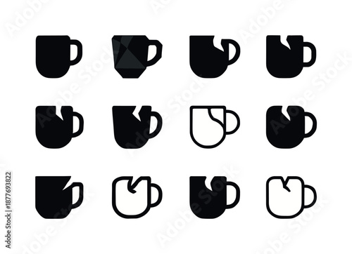 Chipped Mug Icons. Chipped Mug. Icon set. Set Logo of chipped mug: broken ceramic fragment. harmonious logo variations of the same emblematic concept, each