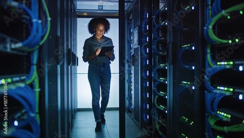 A woman in business attire walks confidently down a server room hallway, looking at a tablet. It symbolizes technological advancement, data management, and a modern, digital workplace.