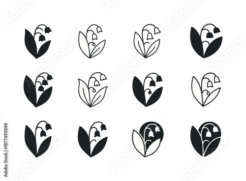 Lily of the Valley Icons. birth flowers. Icon set. Set Logo of birth flowers: lily of the valley (May). harmonious logo variations of the same emblematic